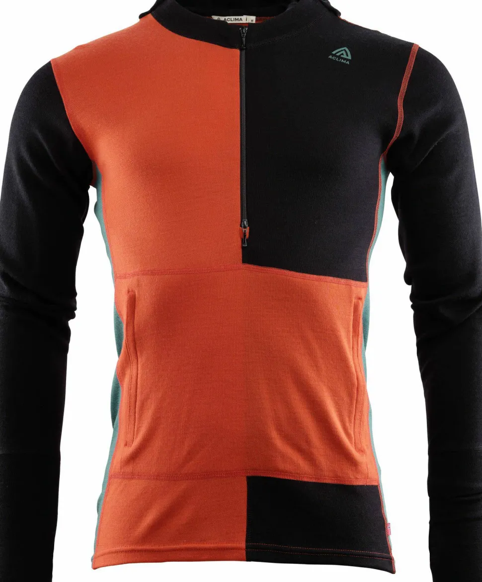 Aclima Men's WarmWool Hoodsweater with Zip Jet Black/Red Clay/North Atlantic