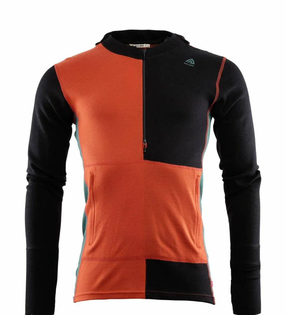 Aclima Men's WarmWool Hoodsweater with Zip Jet Black/Red Clay/North Atlantic