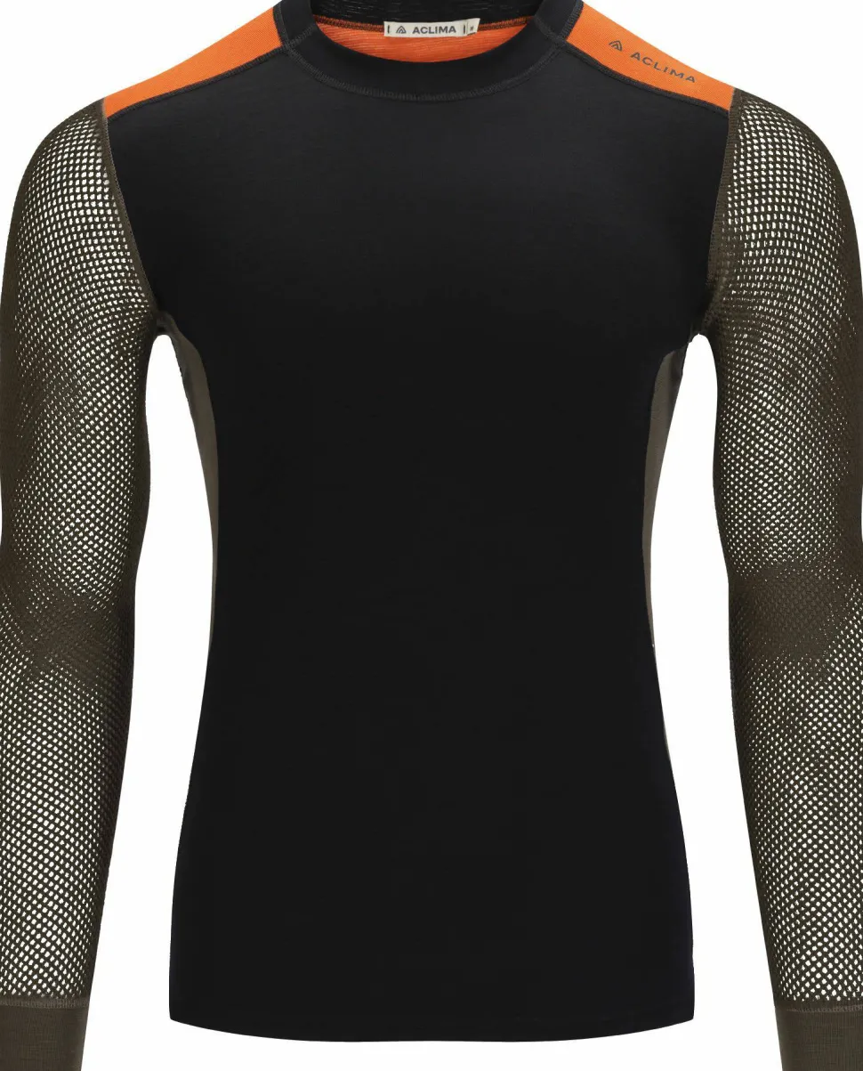 Aclima Men's WoolNet Hybrid Crew Neck Jet Black/Tarmac/Gold Flame