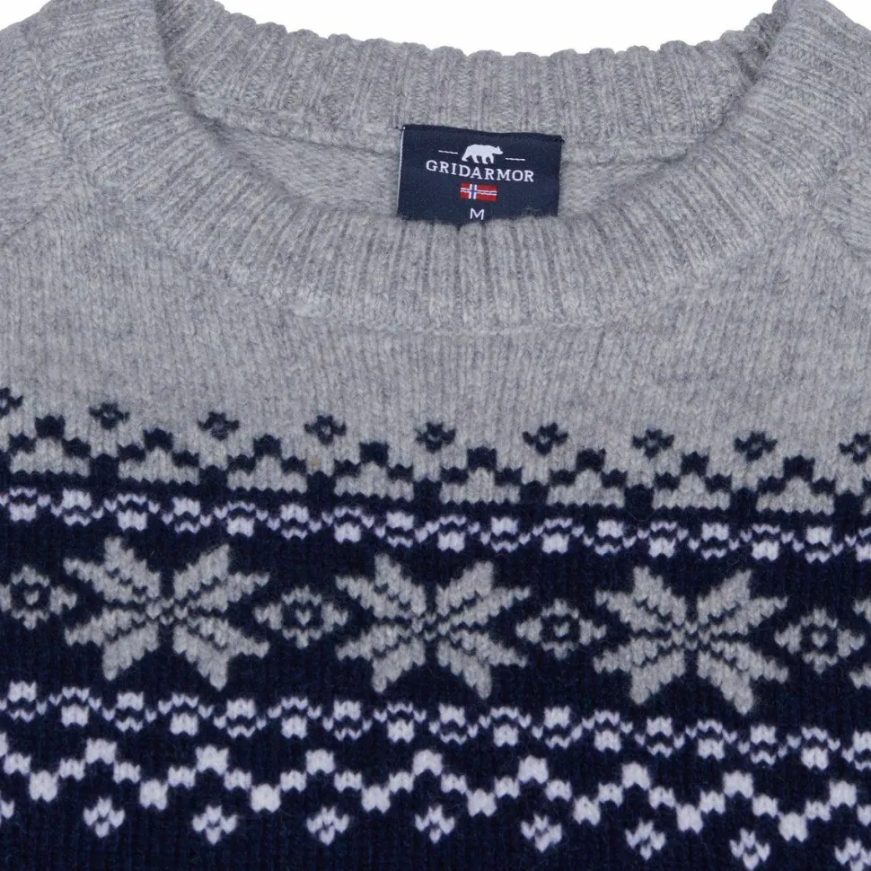 Gridarmor Men's Snøkrystall Round Neck Ullgenser Dark Navy/Light Grey/White