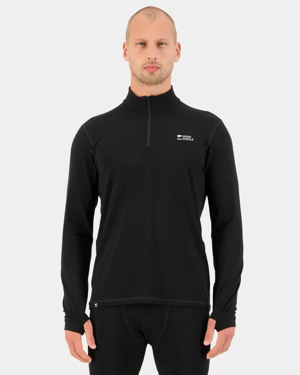 Mons Royale Men's Cascade Merino Base Layer 1/4 Zip Long Sleeve Black