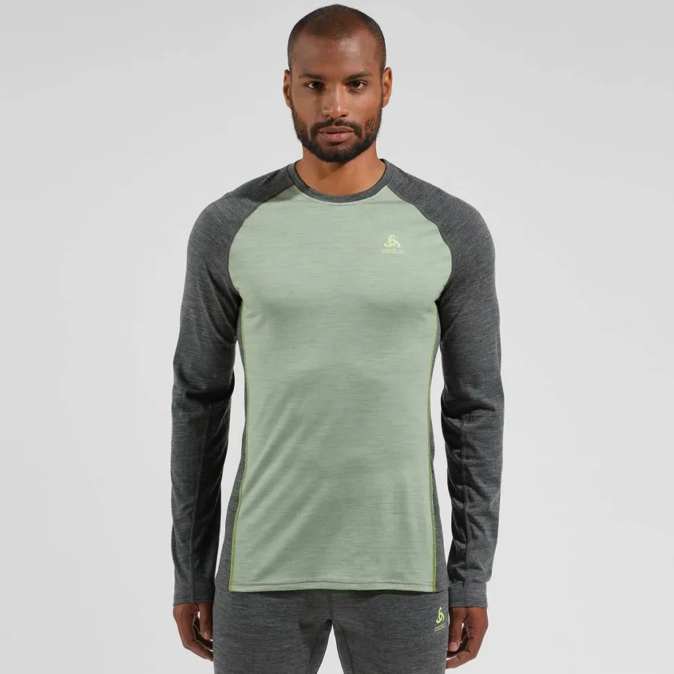 Odlo Men's Performance Wool 150 Base Layer Matte Green/Dark Grey Melange